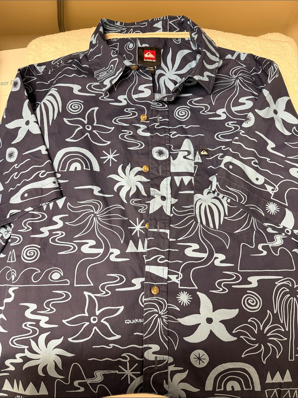 Quiksilver Men’s Navy Button-Up with Light Blue Tropical Print